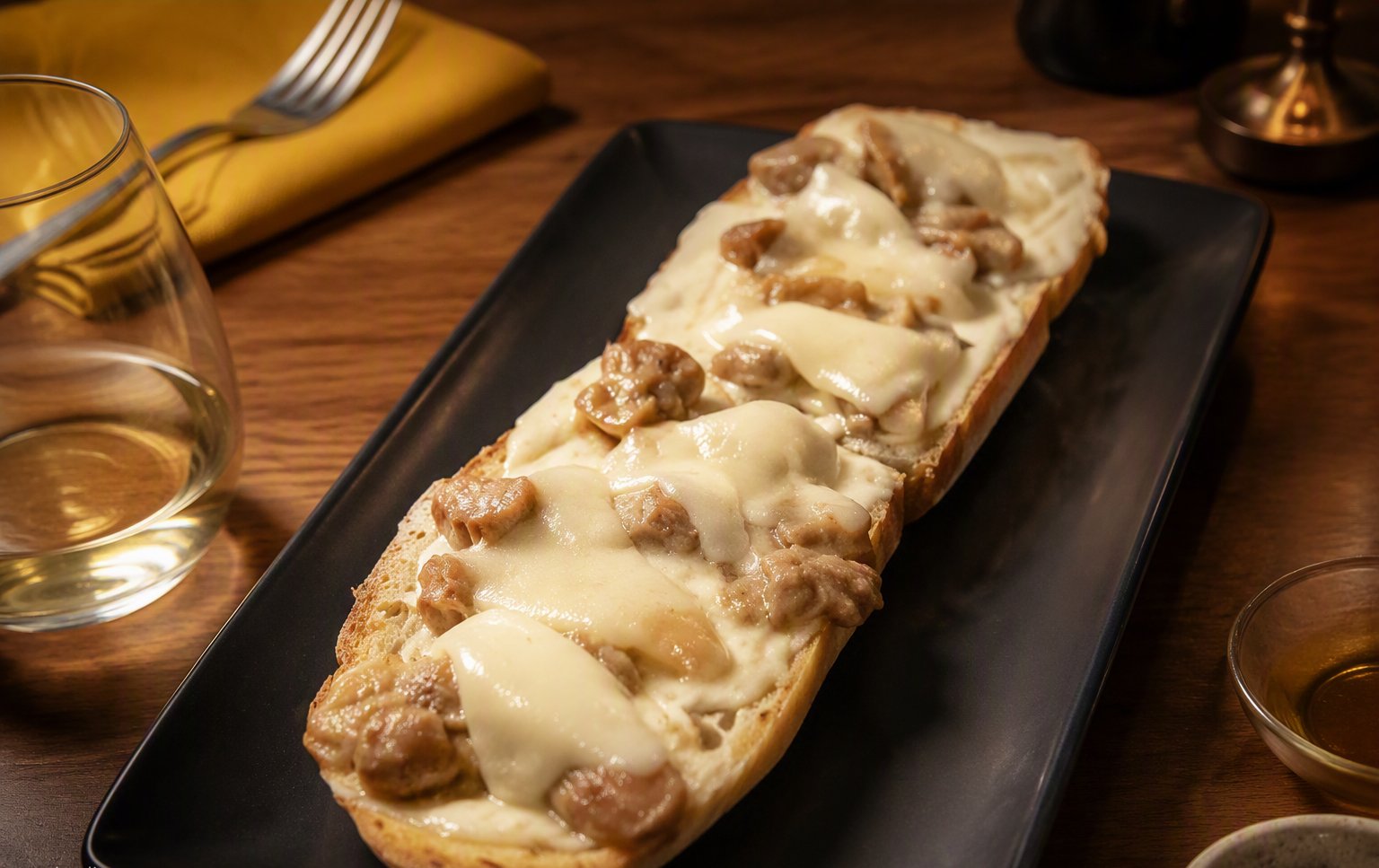 Bruschetta lunga con salsiccia e formaggio